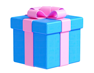 Bright blue present box with a pink ribbon, perfect for gifts