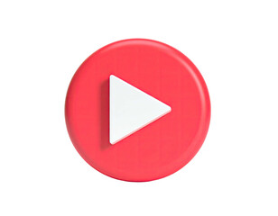 A 3D-rendered play button icon in a round red container, on a black background