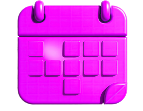 A vibrant, glossy, 3D-rendered magenta calendar icon against a black background