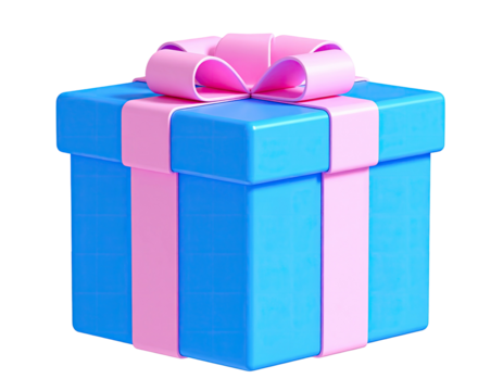 Bright blue present box with a pink ribbon, perfect for gifts