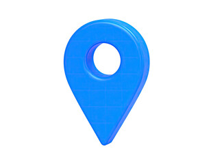 A 3D rendering of a bright blue location pin against a black background