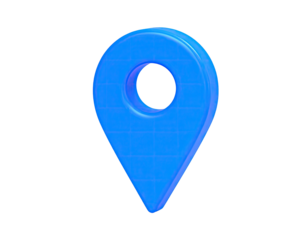 A 3D rendering of a bright blue location pin against a black background
