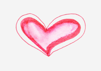 Watercolor heart with pink and red hues encircled by outline on white background.