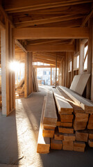 Interior of house under construction with visible wooden framing. 
