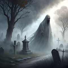 A spooky, high-contrast digital painting of a menacing ghost emerging from a thick, swirling fog in a gothic cemetery.