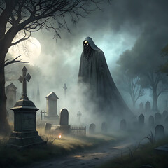 A spooky, high-contrast digital painting of a menacing ghost emerging from a thick, swirling fog in a gothic cemetery.
