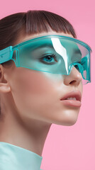 Fashion model wearing futuristic teal visor glasses against pink background. 
