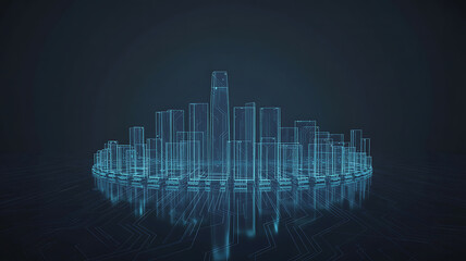 Abstract glowing blue futuristic city skyline with reflections on a dark background