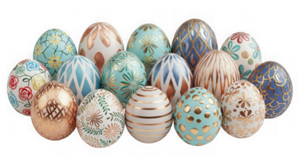 Beautifully decorated easter eggs isolated on transparent background for the holiday