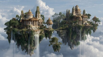 Obraz premium Floating islands with waterfalls and ancient temples, magical fantasy environment