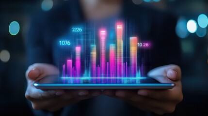 Hands holding tablet displaying colorful digital financial data and statistics