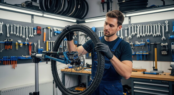 Mechanic and Wheel Repair: A skilled mechanic meticulously inspects and repairs a bicycle wheel, showcasing his expertise in a well-equipped workshop.