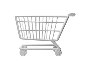 A metallic, three-dimensional rendering of a shopping cart, isolated on black