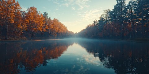 Serene autumn lake scene with colorful trees and reflections in the water