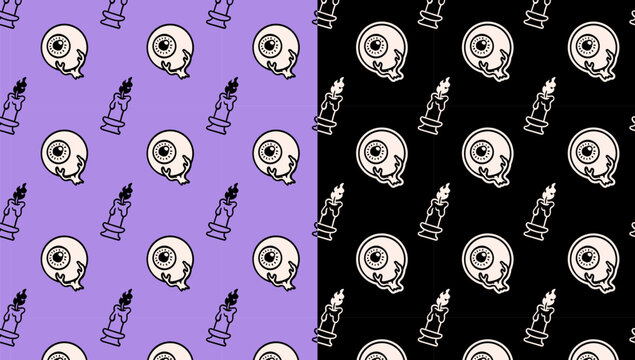 eye ball and burning candle candle doodle pattern on black purple background set for Halloween merchandise. creepy eye and candle with fire isolated seamless pattern background. vector illustration