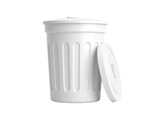 Rendered, 3D white cylindrical trash can with a detached lid, on black background