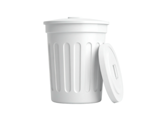 Rendered, 3D white cylindrical trash can with a detached lid, on black background