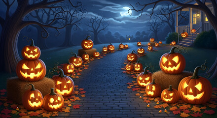 Pumpkin lanterns glowing along dark forest Halloween pathway