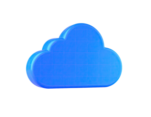 A glowing, bright blue, 3D rendering of a fluffy cloud floating in space