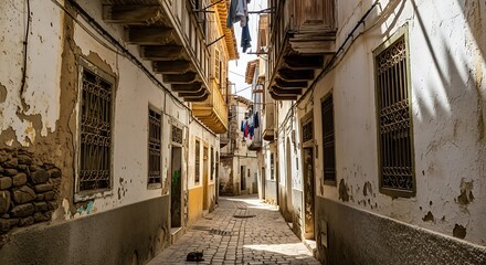 Fototapeta premium Narrow Alleyway in Historic European Town with Old Buildings and Sunlight.