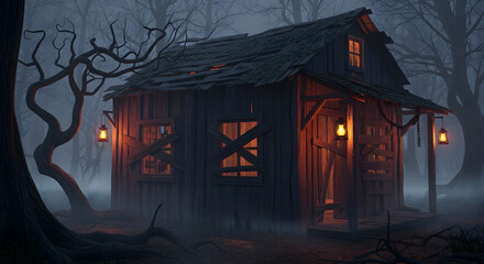 Haunted wooden cabin glowing eerily in dark spooky forest