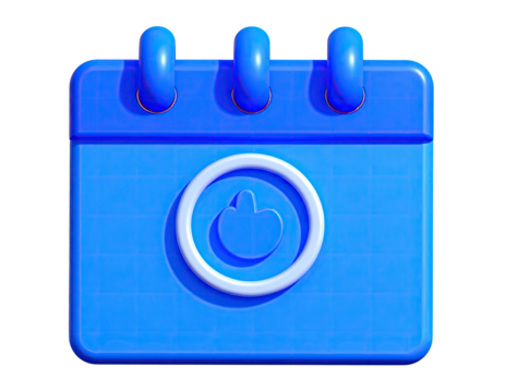 Bright blue 3D calendar icon with a white circle and thumbs up symbol