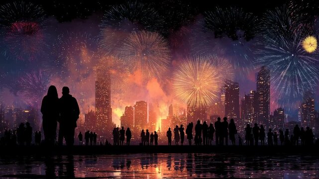 A stunning display of fireworks illuminates a vibrant city skyline, as silhouettes of people enjoy the festivities, capturing the essence of celebration and togetherness.
