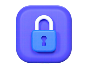 3D rendered blue and white padlock on a purple square, isolated on black