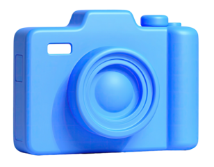 Solid blue 3D render of a camera, isolated on black background