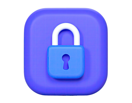 3D rendered blue and white padlock on a purple square, isolated on black