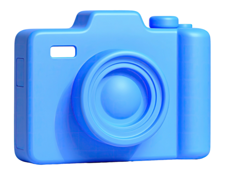 Solid blue 3D render of a camera, isolated on black background