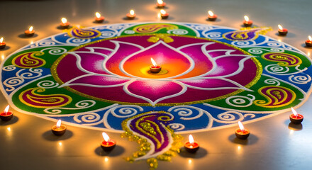 Colorful rangoli design glowing with diya in center
