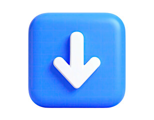 3D rendering of a white arrow pointing down inside a blue, rounded-square