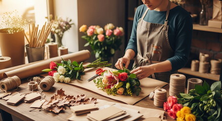 Floral Artisan at Work: A skilled florist meticulously crafts a beautiful arrangement, bringing to life the beauty of roses, tulips, and more in a charming workshop setting.