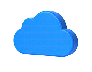 A three-dimensional, blue cloud icon floats against a solid black background