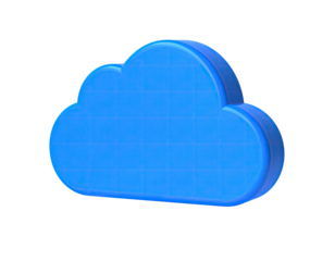 A three-dimensional, blue cloud icon floats against a solid black background