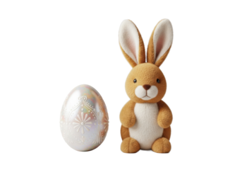 A meticulously crafted warm brown plush toy bunny with upright ears and an iridescent hand-painted Easter egg beside it, against a transparent studio background, elegant holiday product concept