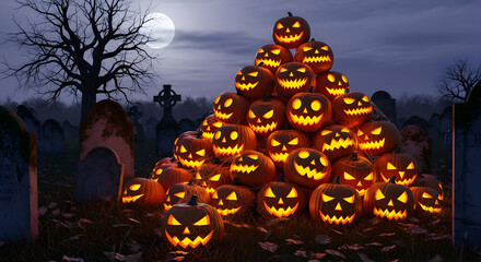 Giant glowing pumpkin pyramid stacked high with spooky carved faces
