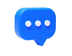A glossy 3D blue speech bubble with three white dots against a black backdrop