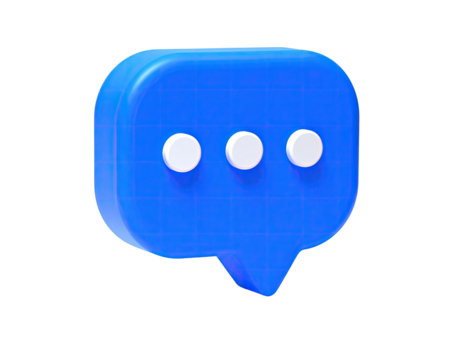 A glossy 3D blue speech bubble with three white dots against a black backdrop