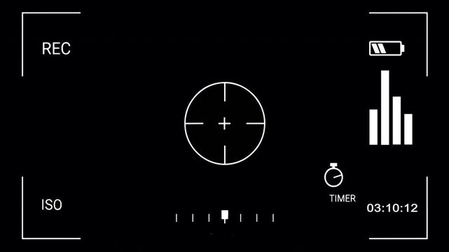 A minimalist animation of a digital camera's recording overlay, featuring a running timer, blinking REC icon, and fluctuating audio meters on a clean black screen.