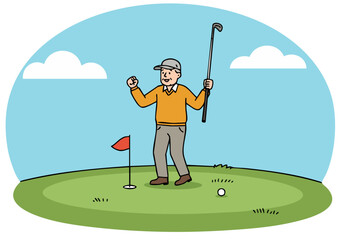 An elderly man celebrates a hole-in-one on the golf course, beaming with joy. A vibrant green landscape and a red flag create a cheerful scene. "ACE-THE E ADVENTURE"