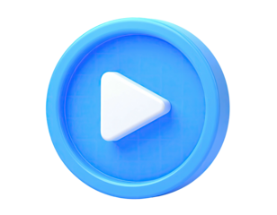 A 3D, cartoon-like blue button with a white play icon in the center