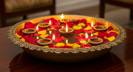 Traditional red rangoli glowing with decorative diyas during Diwali celebration