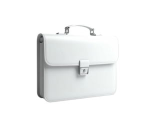 A sleek, white leather briefcase with a metal clasp and handle against black