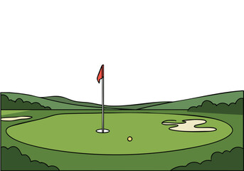 A stylized illustration of a golf course with a hole, green, and flag. Clean lines and a simple design create a visually appealing and commercially viable image.