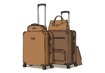 Stylish luggage set ? a large brown suitcase and handbag ? arranged for travel. Clean, modern illustration with a sophisticated aesthetic. ?Pack the Prestige? tagline.