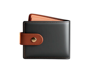 A closed, black leather wallet with a brown clasp and stitching, on black backdrop