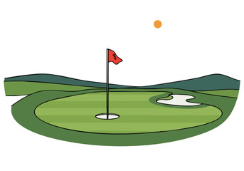 stylized illustration depicts a golf course sign with a flag and green landscape Clean lines and a soft color palette create a visually appealing and commercially viable design
