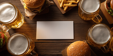 Meals with burgers, fries, and beer mugs on wooden table  